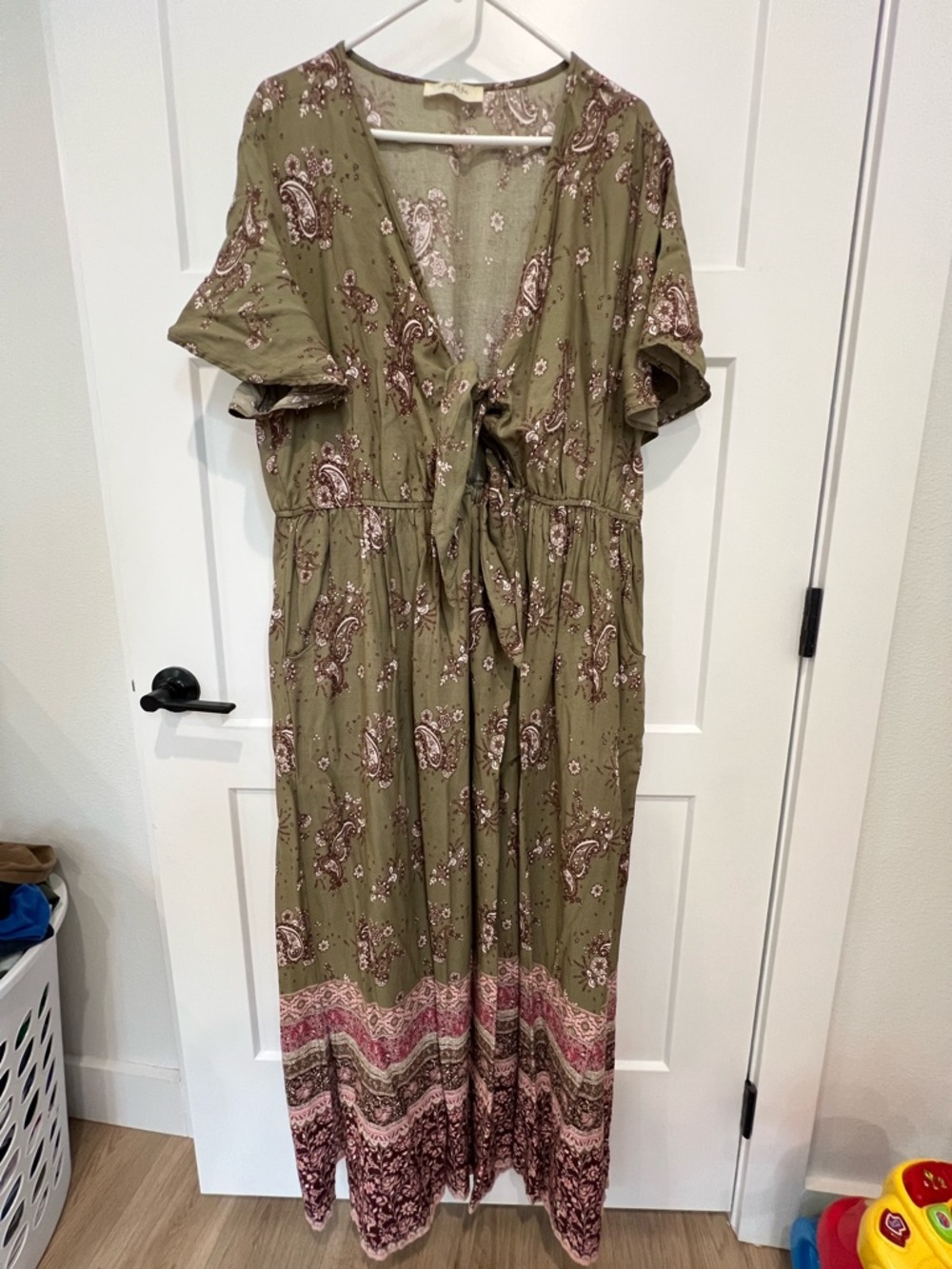 Olive Paisley Tie-Front Maxi Dress -